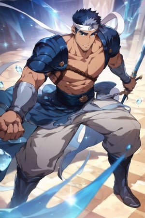 score_9, score_8_up, score_7_up, masterpiece, best quality, best aesthetic, perfect anatomy, perfect proportions, bara, high_resolution, uncensored, 1boy, solo, male focus, full_body, cayman, facial hair, blue hair, blue eyes, holding_sword