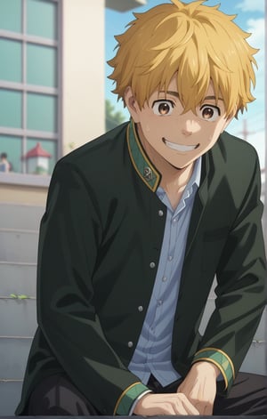 score_9, score_8_up, score_7_up, masterpiece, best quality, amazing quality, best aesthetic, cute, 18 years old, solo, solo focus, shivering, AKIHIKO NIREI, blonde hair, brown eyes, school_uniform, smile, full body, sit on bank, male focus, towel in shoulder