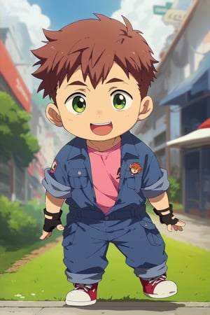 score_9, score_8_up, score_7_up, cute, masterpiece, best quality, best aesthetic,  1boy, solo, male focus, chibi, chibi style, full_body, ,shokichioka, green eyes, brown hair, pink shirt, (blue jumpsuit,) red sneakers, black_fingerless_glove, 