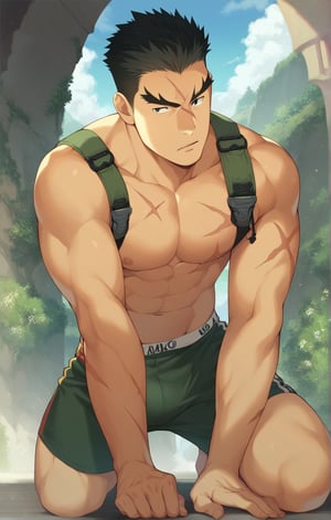score_9, score_8_up, score_7_up, masterpiece, best quality, best aesthetic, 30 years old, solo, male focus, black hair, black eyes, full_body, akatsukiiwao, short_hair, thick eyebrows, scar on face, only underwear, boxer_shorts