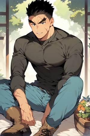 score_9, score_8_up, score_7_up, cute, masterpiece, best quality, best aesthetic, 1boy, male focus, portrait, akatsukiiwao, black hair, short_hair, black eyes, thick eyebrows, scar on face, black shirt, blue pants, boots