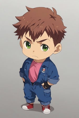 score_9, score_8_up, score_7_up, cute, masterpiece, best quality, best aesthetic,  1boy, solo, male focus, chibi, chibi style, full_body, ,shokichioka, green eyes, brown hair, pink shirt, (blue jumpsuit,) red sneakers, black_fingerless_glove, frown, :<