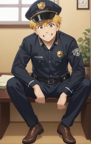 score_9, score_8_up, score_7_up, masterpiece, best quality, amazing quality, best aesthetic, cute, 18 years old, solo, solo focus, shivering, AKIHIKO NIREI, blonde hair, brown eyes, police suit, smile, full body, male focus, office, police cap, freckles, hand on cap, 
sit