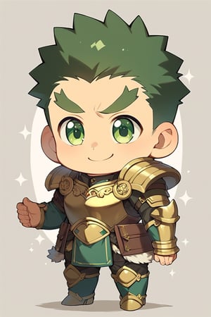 score_8_up, score_7_up, cute, masterpiece, best quality, best aesthetic, 1boy, solo, male focus, chibi, chibi style, full_body, akatsukiiwao, short_hair, thick eyebrows, green eyes, dark green hair, armor, smile, standing