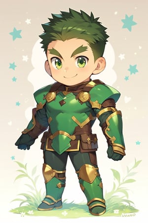 score_8_up, score_7_up, cute, masterpiece, best quality, best aesthetic, 1boy, solo, male focus, chibi, chibi style, full_body, akatsukiiwao, short_hair, thick eyebrows, green eyes, dark green hair, armor, smile, standing