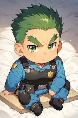 score_8_up, score_7_up, cute, masterpiece, best quality, best aesthetic, 1boy, solo, male focus, chibi, chibi style, full_body, akatsukiiwao, short_hair, thick eyebrows, green eyes, dark green hair, police_uniform, serious, sit