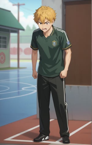 score_9, score_8_up, score_7_up, masterpiece, best quality, amazing quality, best aesthetic, cute, 18 years old, solo, solo focus, shivering, AKIHIKO NIREI, blonde hair, brown eyes, angry, full body, male focus, soccer uniform , freckles, school yard, standing, shirt lift, wet body, chest exposed, 