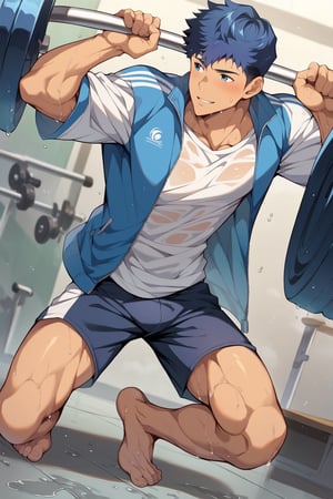 score_9, score_8_up, score_7_up, cute, masterpiece, best quality, best aesthetic, 1boy, male focus, full_body, perfect anatomy, perfect proportions, high_resolution, seomoonyeob, blue hair, blue eyes, sweat, armor, open jacket, barefoot, white_shirt, wet shirt, aura, strive, lifting weights