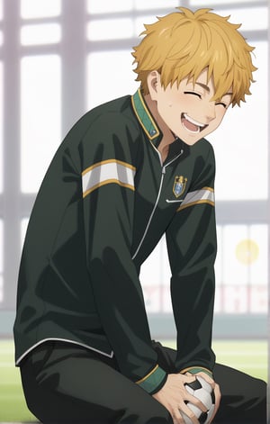 score_9, score_8_up, score_7_up, masterpiece, best quality, amazing quality, best aesthetic, cute, 18 years old, solo, solo focus, shivering, AKIHIKO NIREI, blonde hair, brown eyes, happy, smile, close eyes, full body, male focus, soccer uniform , freckles, school yard, standing, shirt lift, wet body, sit, chest exposed, ball in hands