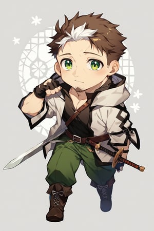 score_9, score_8_up, score_7_up, cute, masterpiece, best quality, best aesthetic, 1boy, solo, male focus, chibi, chibi style, full_body, beryl, (two-tone hair, white hair, brown_hair,) green eyes, facial hair, white_jacket, black shirt, green pants, boots, fingerless_glove, sword