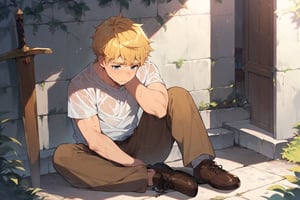 score_9, score_8_up, score_7_up, cute, masterpiece, best quality, best aesthetic, 1boy, male focus, full_body ,climb, blonde hair, blue eyes, short-hair, white_shirt, brown pants, sword on ground, wet shirt, sweating, tired,