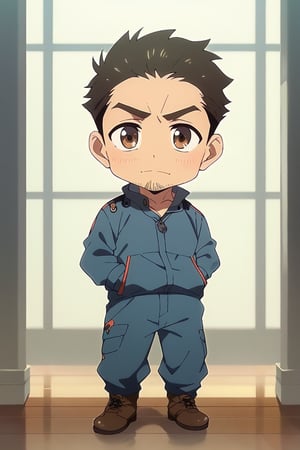 score_9, score_8_up, score_7_up, cute, masterpiece, best quality, best aesthetic,  1boy, solo, male focus, chibi, chibi style, katsuhirotakei, black hair, brown eyes, facial hair, full_body, jumpsuit