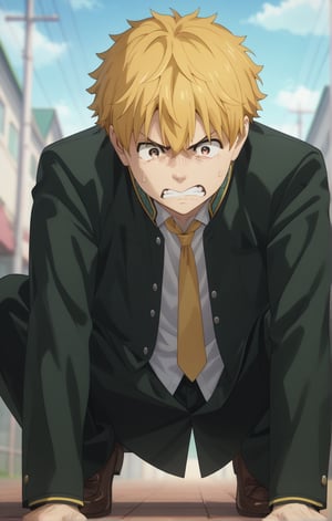 score_9, score_8_up, score_7_up, masterpiece, best quality, amazing quality, best aesthetic, cute, 18 years old, solo, solo focus, shivering, AKIHIKO NIREI, blonde hair, brown eyes, school_uniform, angry, full body, sit on bank, male focus, towel in shoulder