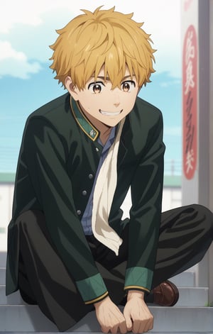 score_9, score_8_up, score_7_up, masterpiece, best quality, amazing quality, best aesthetic, cute, 18 years old, solo, solo focus, shivering, AKIHIKO NIREI, blonde hair, brown eyes, school_uniform, smile, full body, sit on bank, male focus, towel in shoulder