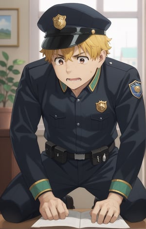 score_9, score_8_up, score_7_up, masterpiece, best quality, amazing quality, best aesthetic, cute, 18 years old, solo, solo focus, shivering, AKIHIKO NIREI, blonde hair, brown eyes, police suit, faceless, full body, male focus, office, police cap, freckles, hand on cap, 
sit