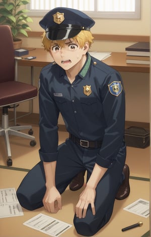 score_9, score_8_up, score_7_up, masterpiece, best quality, amazing quality, best aesthetic, cute, 18 years old, solo, solo focus, shivering, AKIHIKO NIREI, blonde hair, brown eyes, police suit, smille, full body, male focus, office, police cap, hand on cap