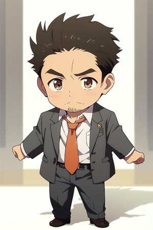 score_9, score_8_up, score_7_up, cute, masterpiece, best quality, best aesthetic,  1boy, solo, male focus, chibi, chibi style, katsuhirotakei, necktie, black hair, brown eyes, facial hair, full_body, shirt, pants, track