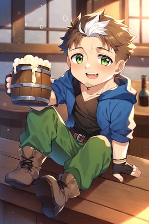 score_9, score_8_up, score_7_up, cute, masterpiece, best quality, best aesthetic, 1boy, solo, male focus, chibi, chibi style, full_body, beryl, (two-tone hair, white hair, brown_hair,) green eyes, facial hair, white_jacket, black shirt, green pants, boots, fingerless_glove, drunk, beer, tavern