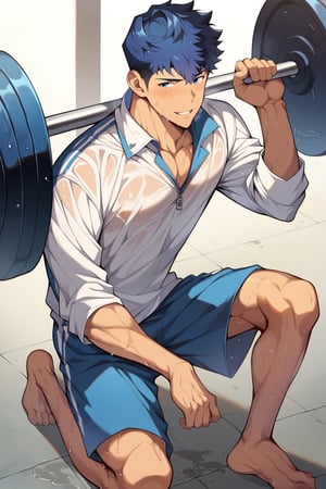 score_9, score_8_up, score_7_up, cute, masterpiece, best quality, best aesthetic, 1boy, male focus, full_body, perfect anatomy, perfect proportions, high_resolution, seomoonyeob, blue hair, blue eyes, sweat, armor, open jacket, barefoot, white_shirt, wet shirt, strive, lifting weights