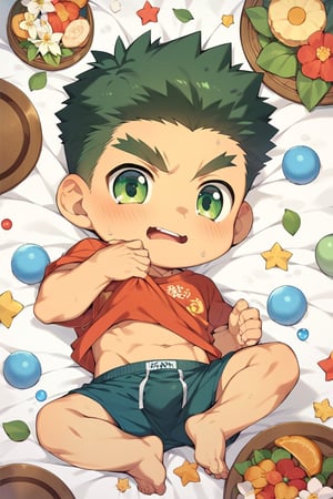 score_8_up, score_7_up, cute, masterpiece, best quality, best aesthetic, 1boy, solo, male focus, chibi, chibi style, full_body, akatsukiiwao, short_hair, thick eyebrows, green eyes, dark green hair, only underwear, ashamed, laying