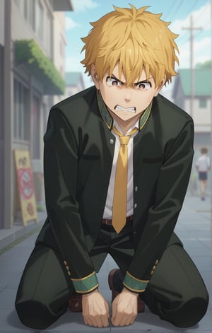 score_9, score_8_up, score_7_up, masterpiece, best quality, amazing quality, best aesthetic, cute, 18 years old, solo, solo focus, shivering, AKIHIKO NIREI, blonde hair, brown eyes, school_uniform, angry, full body, male focus, memo pad in hand