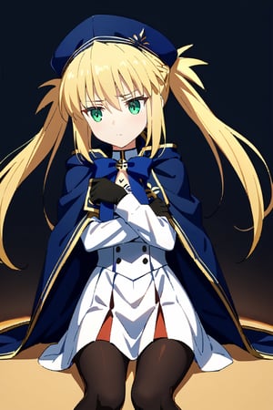 1 girl, alone, Artoria from fate, blonde hair, long hair, green eyes, two pigtails, white shirt, blue beret, white skirt, blue cape, blue ribbon, black gloves, pantyhose, blue boots, pouting,more detail XL