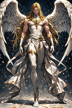  a male angel with big wings, full body shot, A man with light blue long hair, blue eyes, 1.80 cm tall, white turtleneck sleeveless bodysuit, white long-arm tight fingerless gloves, golden head ring, golden left tigh ring, golden neckband, no shoes
