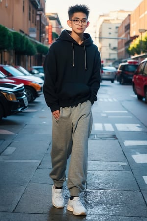 Make a photoshoot portrait of a young Filipino man, 18 years old, cool pose, blue hoodie urban, army green jogger pants, white shoes, glasses... sunset sky background, blur lens background, full body shot, legs, long shot,