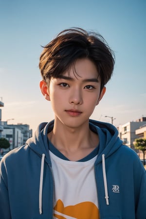 Make a photoshoot portrait of a young Korean boy, brown orange hair, 18 years old, cool pose, blue hoodie urban, .smirking.. sunset sky background, blur lens background, Japan Tokyo street background, portrait shot,