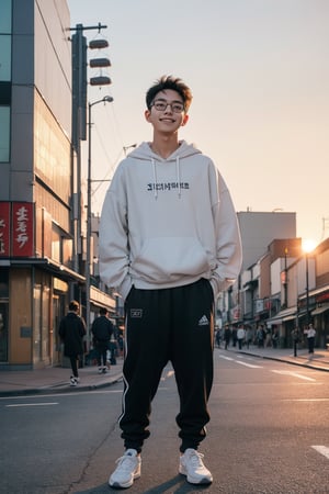 Make a photoshoot portrait of a young Korean man, smiling, 18 years old, cool pose, blue hoodie urban, white jogger pants, white shoes, glasses... sunset sky background, blur lens background, Japan Tokyo street background, portrait shot,