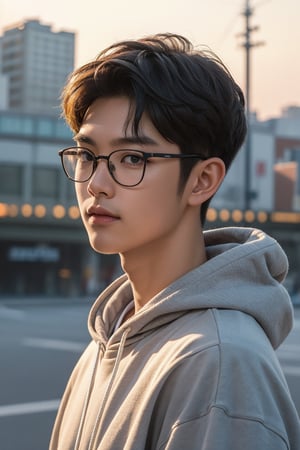 Make a photoshoot portrait of a young Korean boy, 18 years old, cool pose, blue hoodie urban, glasses.smirking.. sunset sky background, blur lens background, portrait shot,