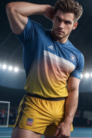 1guy, solo, looking at viewer, High quality, 8k hd, best quality, detailed skin texture, Realistic face,sport manly pose, OLYMPIC nationality tshirt, complicated, 8k ultra hd, high resolution, OLYMPIC background, high definition, excellent quality, stunning image, volumetric lighting, detail quality Enhancer