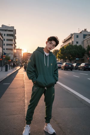 Make a photoshoot portrait of a young Korean man, 18 years old, cool pose, blue hoodie urban, army green jogger pants, white shoes, glasses... sunset sky background, blur lens background, full body shot, legs, long shot,