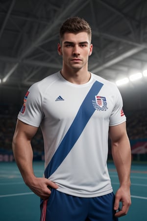 1guy, solo, looking at viewer, High quality, 8k hd, best quality, detailed skin texture, Realistic face,sport manly pose, OLYMPIC nationality tshirt, complicated, 8k ultra hd, high resolution, OLYMPIC background, high definition, excellent quality, stunning image, volumetric lighting, detail quality Enhancer