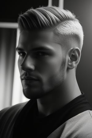 A stunning portrait of a handsome muscular young man with high detailed skin and luscious blonde hair, His hi-top fade haircut is neatly trimmed at 1.3 inches, set against a dark background in a dimly lit room. His gorgeous locks frame his puffy eyes, which seem to sparkle in the soft glow of rim lighting. The atmosphere is intimate and mysterious, as if captured on a dark night indoors. Black and white photography 