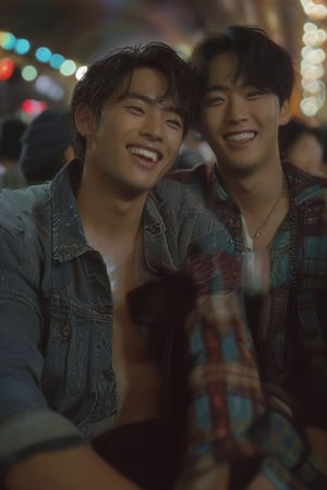 2 Korean handsome men watching movie happy at a crowded cinema, wearing a casual clothing, you can see their huge muscular body shape, hugging on shoulder each other, 