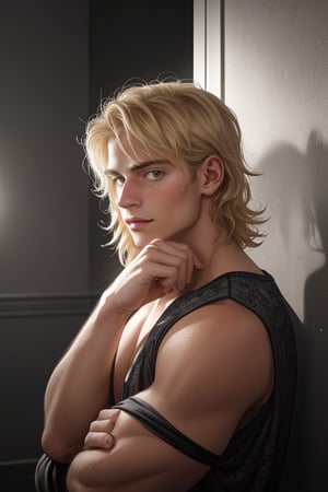 A stunning portrait of a handsome muscular young man with high detailed skin and luscious blonde hair, His hi-top fade haircut is neatly trimmed at 1.3 inches, set against a dark background in a dimly lit room. His gorgeous locks frame his puffy eyes, which seem to sparkle in the soft glow of rim lighting. The atmosphere is intimate and mysterious, as if captured on a dark night indoors. Black and white photography 