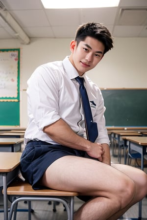 score_9, score_8_up, score_7_up, handsome asian boy, smirking, 20yo, highschool uniform, school short pants, luxury classroom, huge bulge