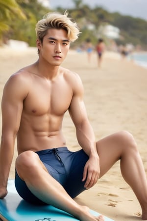 Imagine the following scene.

Full body photograph of a beautiful Asian man. Surreal image.

On the sea sand an Asian man is sitting with his legs extended. Lying on a surfboard.

The man wears shorts of many colors, a swimsuit with a surfer design.

The man is from Korea, 20 yo, skinny. Very blonde and light hair. Short, gelled hair. Very light and bright blue eyes, blush, 

(photorealistic), masterpiece: 1.5, beautiful lighting, best quality, beautiful lighting, realistic and natural image, intricate details, all in sharp focus, perfect focus, photography, masterpiece, meticulous nuances, supreme resolution, 32K, ultra-sharp, Superior Quality, realistic and complex details, perfect proportions, perfect hands, perfect feet.