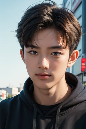 Make a photoshoot portrait of a young Korean boy, blonde hair, 18 years old, cool pose, blue hoodie urban, .smirking.. sunset sky background, blur lens background, Japan Tokyo street background, portrait shot,