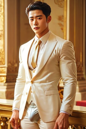 score_9, score_8_up, score_7_up, handsome korean men, 20yo, suit, luxury ornate hall, small_bulge