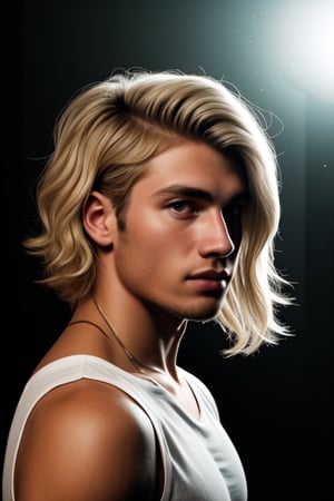 A stunning portrait of a handsome muscular young man with high detailed skin and luscious blonde hair, His hi-top fade haircut is neatly trimmed at 1.3 inches, set against a dark background in a dimly lit room. His gorgeous locks frame his puffy eyes, which seem to sparkle in the soft glow of rim lighting. The atmosphere is intimate and mysterious, as if captured on a dark night indoors. Black and white photography 