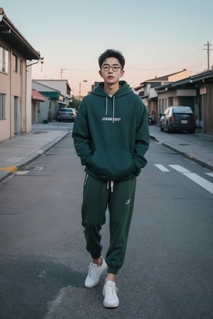 Make a photoshoot portrait of a young Korean man, 18 years old, cool pose, blue hoodie urban, army green jogger pants, white shoes, glasses... sunset sky background, blur lens background, portrait shot,