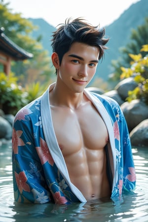 score_9, score_8_up, score_7_up,  1boy,  handsome 30yo, black hair, darkblue eyes, open sleeve kimono, flushed, blushed, smile  japanese, realistic, hot spring.