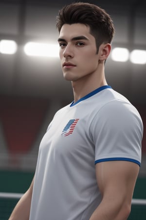 1guy, solo, looking at viewer, High quality, 8k hd, best quality, detailed skin texture, Realistic face,sport manly pose, OLYMPIC nationality tshirt, complicated, 8k ultra hd, high resolution, OLYMPIC background, high definition, excellent quality, stunning image, volumetric lighting, detail quality Enhancer