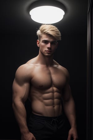 A stunning portrait of a handsome muscular young man with high detailed skin and luscious blonde hair, His hi-top fade haircut is neatly trimmed at 1.3 inches, set against a dark background in a dimly lit room. His gorgeous locks frame his puffy eyes, which seem to sparkle in the soft glow of rim lighting. The atmosphere is intimate and mysterious, as if captured on a dark night indoors. Black and white photography 