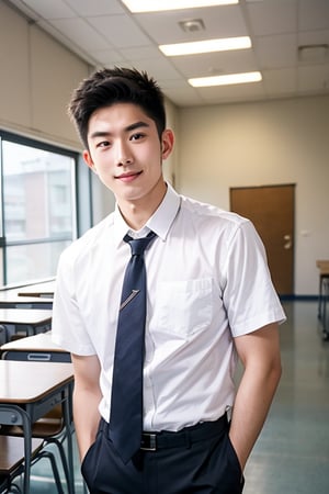 score_9, score_8_up, score_7_up, handsome asian boy, smirking, 20yo, highschool uniform, school short pants, luxury classroom, huge bulge