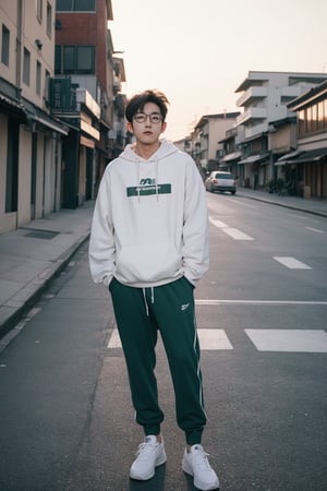 Make a photoshoot portrait of a young Korean man, 18 years old, cool pose, blue hoodie urban, army green jogger pants, white shoes, glasses... sunset sky background, blur lens background, full body shot, legs, long shot,