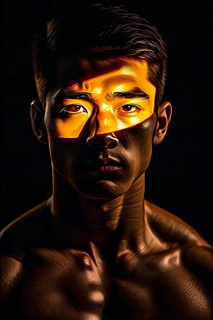 A mysterious Japanese muscular boy with short hair gazes softly into the camera lens, his features illuminated by a subtle golden glow against a deep black background. His slender figure is framed by the darkness, his eyes and skin tones standing out in striking contrast.