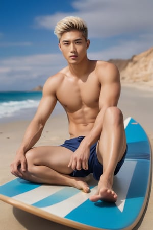 Imagine the following scene.

Full body photograph of a beautiful Asian man. Surreal image.

On the sea sand an Asian man is sitting with his legs extended. Lying on a surfboard.

The man wears shorts of many colors, a swimsuit with a surfer design.

The man is from Korea, 20 yo, skinny. Very blonde and light hair. Short, gelled hair. Very light and bright blue eyes, blush, 

(photorealistic), masterpiece: 1.5, beautiful lighting, best quality, beautiful lighting, realistic and natural image, intricate details, all in sharp focus, perfect focus, photography, masterpiece, meticulous nuances, supreme resolution, 32K, ultra-sharp, Superior Quality, realistic and complex details, perfect proportions, perfect hands, perfect feet.